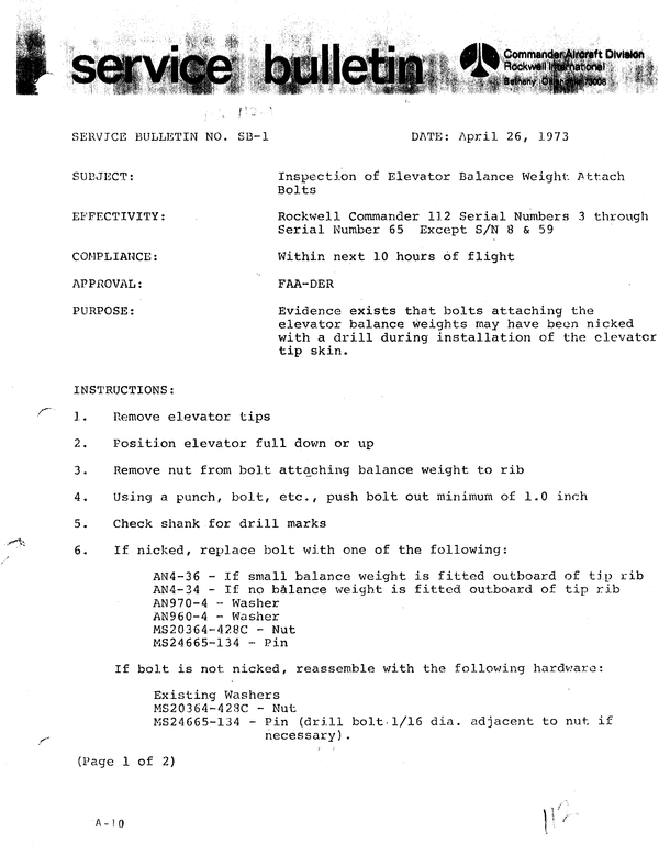 Product picture Aero Commander 112 Service Bulletin 1973
